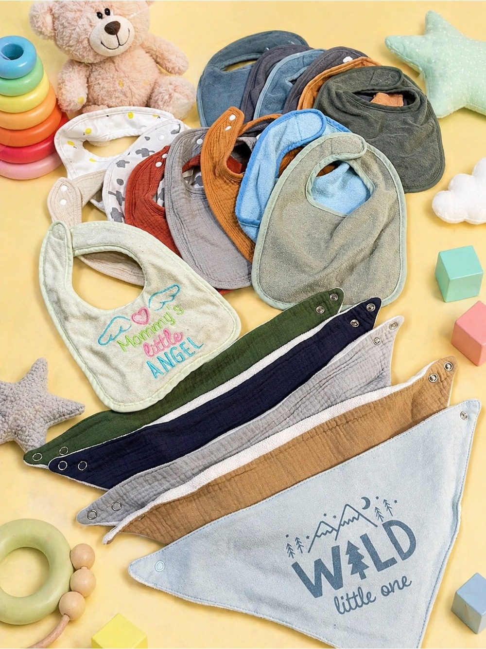 Baby Bundle of 20 Assorted Absorbent Adjustable bibs Various shapes & colors